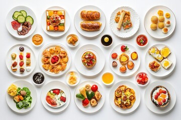 Various gourmet breakfast and brunch dishes arranged on white plates