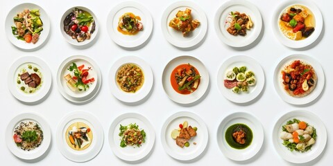 A variety of plated dishes, showcasing diverse cuisines and preparation methods.  Each plate is presented in a visually appealing manner against a white background