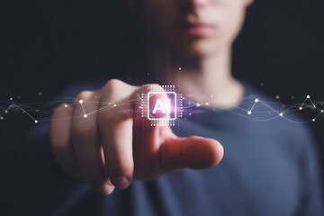 Obraz premium Person s finger interacting with a glowing ai symbol and digital network on a dark background