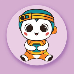 Cute cartoon character wearing headband holding a smartphone vector