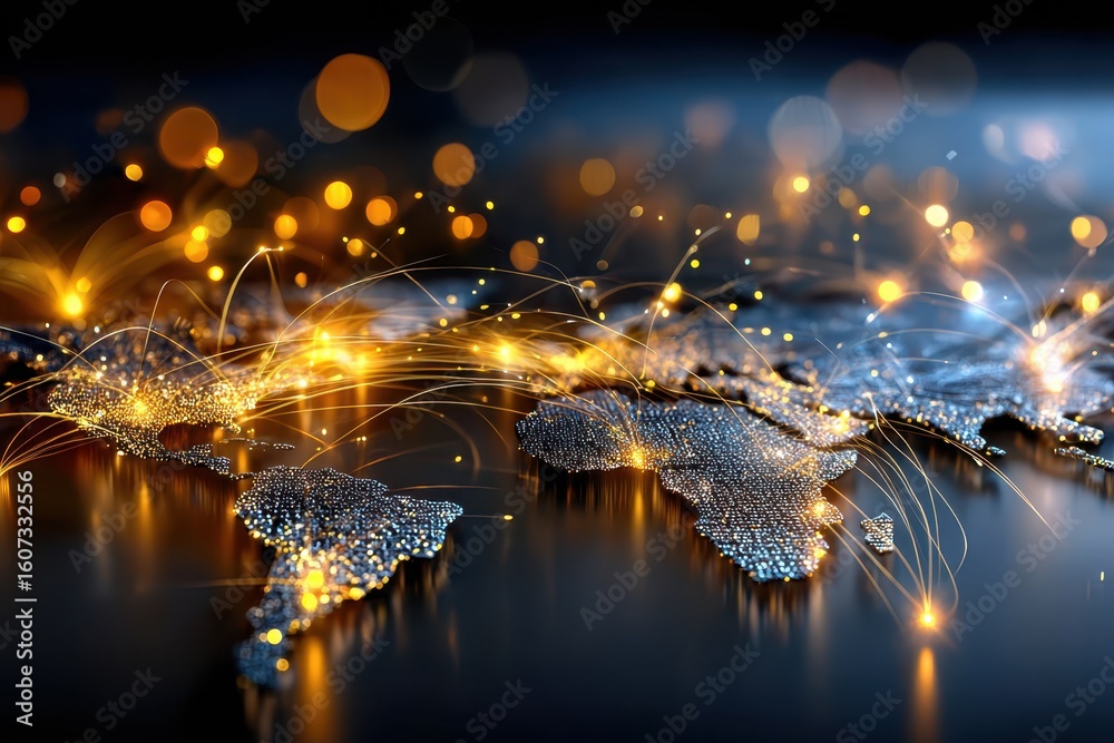 Poster global connectivity represented through illuminated network pathways on a world map
