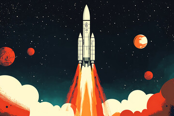 Powerful rocket launching into deep space with blazing fiery exhaust, cinematic space exploration scene featuring planets and cosmic background, futuristic technology and interstellar travel concept, 