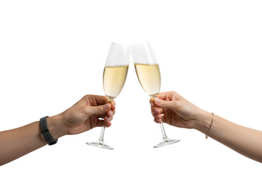 Two Hands Holding and Celebration Toast with Champagne Glasses, Isolated on White or Transparent Background