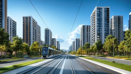 Modern city street with tram, high-rise buildings, and greenery