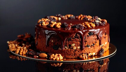 Chocolate cake with nuts and raisins