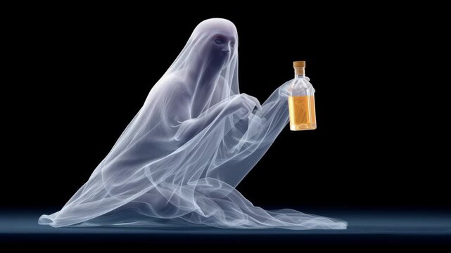 Ghostly figure is holding a bottle of alcohol. The ghostly figure is sitting on the ground and he is holding the bottle in its hand. Scene is eerie and mysterious