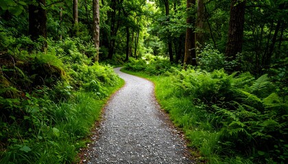 Fototapeta premium Serene pathway through verdant woodland with lush ferns and vibrant foliage creating a natural