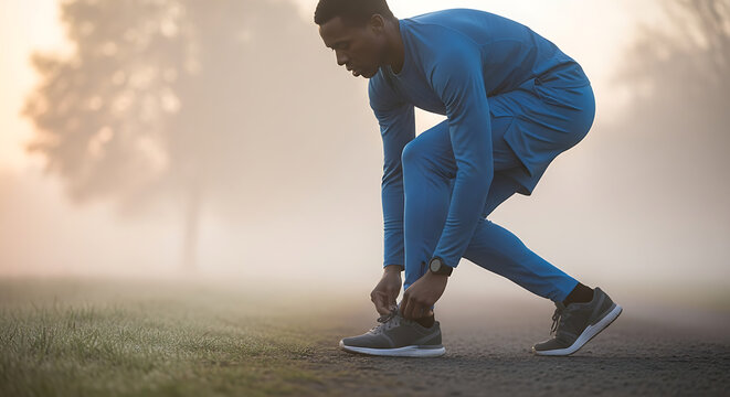 Man in blue athletic wear tying shoelaces on a foggy field preparing for a run or workout outside on transparent background