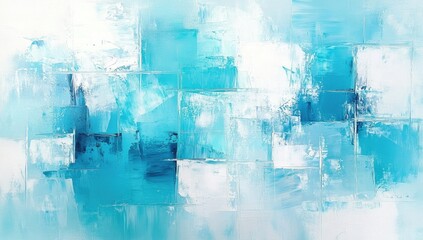 Abstract painting in shades of turquoise and white, featuring textured blocks