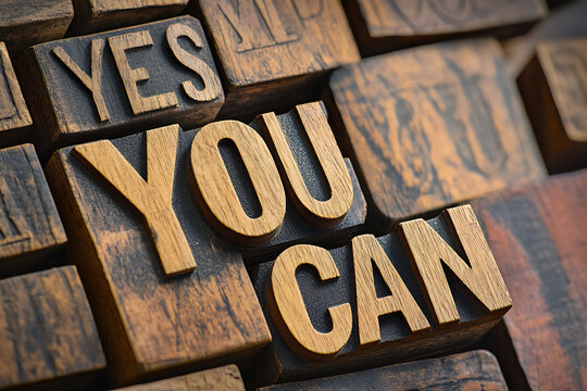 Yes you can motivational quote in vintage wooden letterpress blocks, inspirational typography design, positive mindset encouragement, success determination message, self improvement concept, personal 