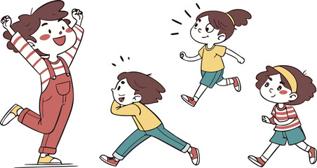 Joyful Children Playing and Running Cheerful Cartoon Illustration