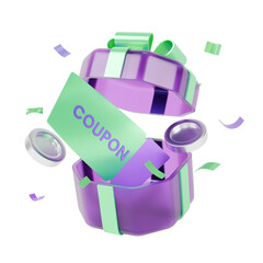 3D icon of an open gift box with a discount coupon and coins bursting out.