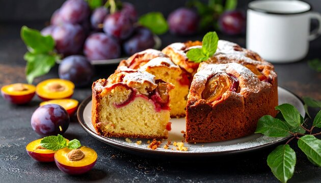Freshly baked plum cake with sliced pieces