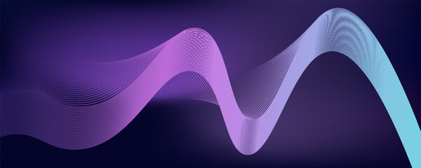 Dark abstract background with glowing wave. Shiny moving lines design element. Modern purple blue gradient flowing wave lines. Futuristic technology concept. Vector illustration