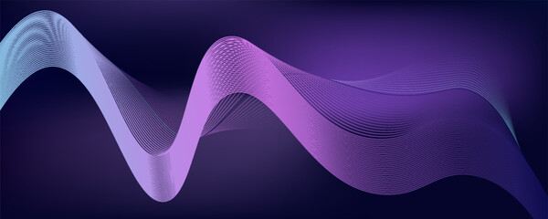 Dark abstract background with glowing wave. Shiny moving lines design element. Modern purple blue gradient flowing wave lines. Futuristic technology concept. Vector illustration
