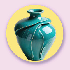 Teal ceramic vase with flowing sculpted design on yellow and pink background turquoise