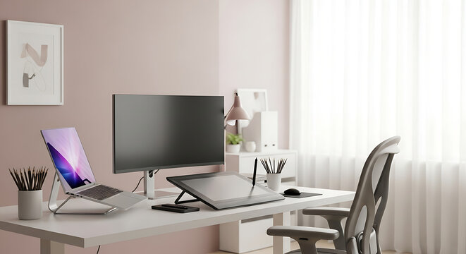 A minimalist workspace setup with a laptop monitor drawing tablet and ergonomic chair in a light room on transparent background