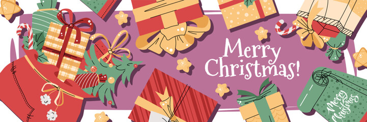 Christmas horizontal banner with gifts on a pink background in a flat style. Vector illustration for poster, banner, invitation, etc