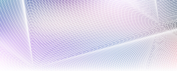 Abstract Background with Hologram Gradient and Lines. Vector Modern Graphic in Pastel Colors. Blue, White, Pink and Purple Lights Pattern Design. Wavy Banner with Gradation