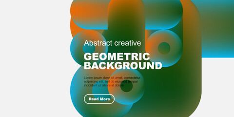Naklejka premium Abstract geometric shapes overlap, creating vibrant color gradients. Text promotes content with read more button. Minimalist design.