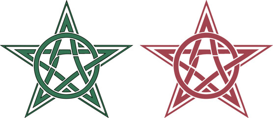 Isolated abstract green and red star icon, interlocking triangles, geometric symmetrical logo, flat minimal style, modern branding shape, clean editable business symbol