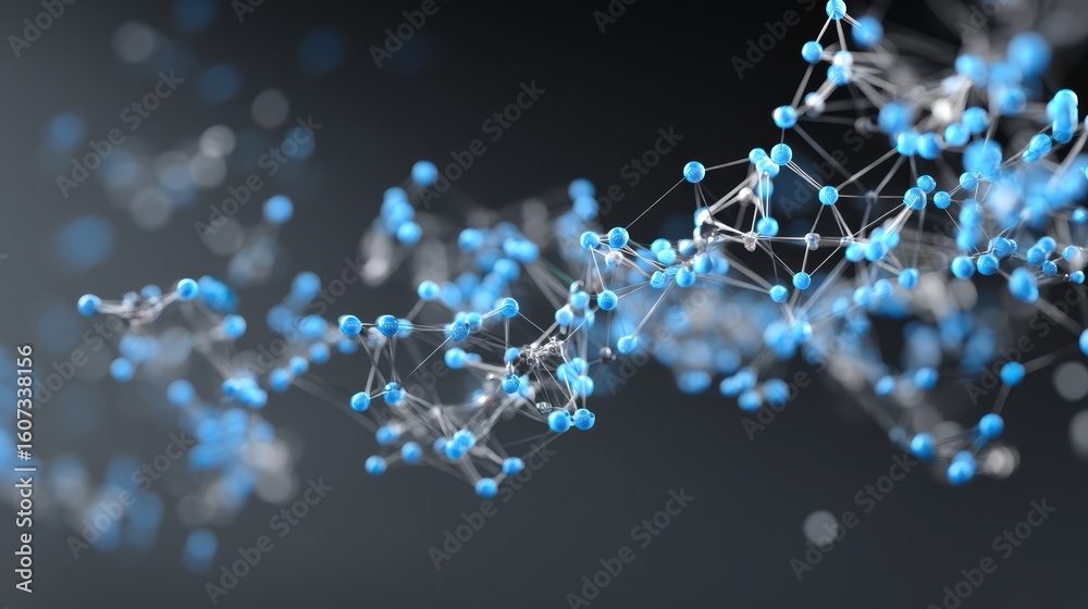 Poster a 3d representation of a molecular or neural network model with interconnected nodes and lines in bl