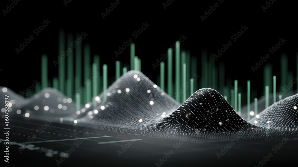 Poster abstract 3d digital landscape with glowing nodes and vertical bars, representing data waves or a fut