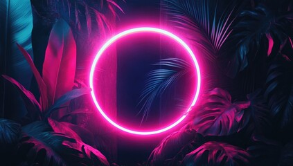 Neon pink circle framed by lush tropical foliage (1)