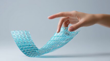 A hand holding a flexible, transparent, futuristic digital screen composed of small blue squares, virtual 3D dashboard with AI