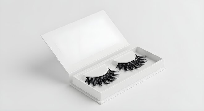 False Eyelashes Box Mockup with Blank Open Packaging, Dramatic Lashes, and White Background &ndash; Perfect for Cosmetic Branding, Makeup Packaging, and Beauty Product Display