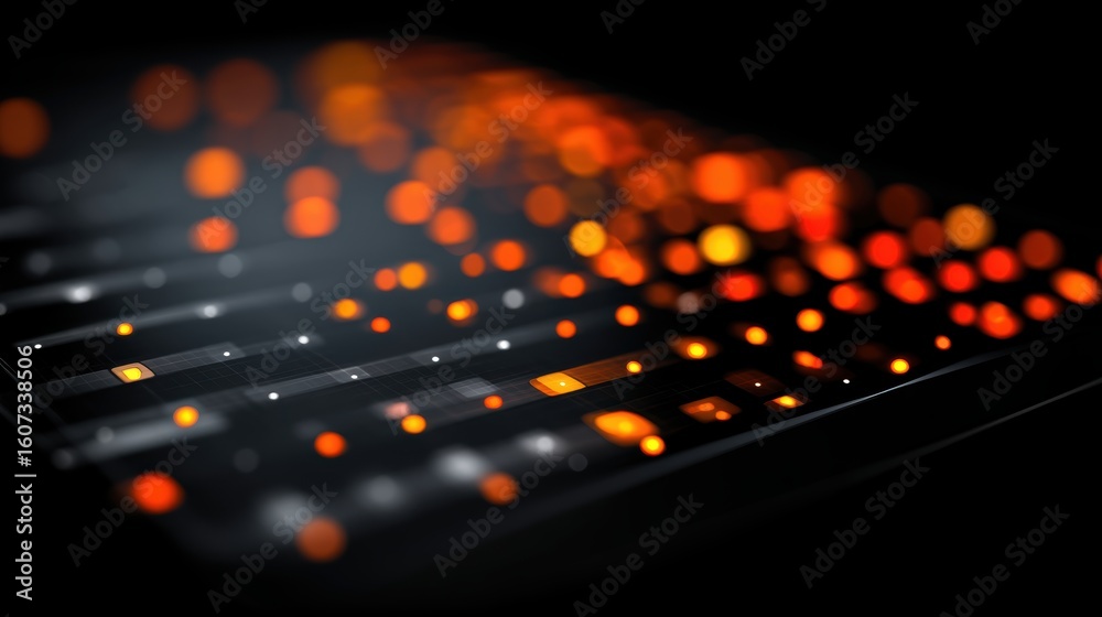 Poster close-up of a digital interface with orange glowing light dots and lines forming an abstract futuris
