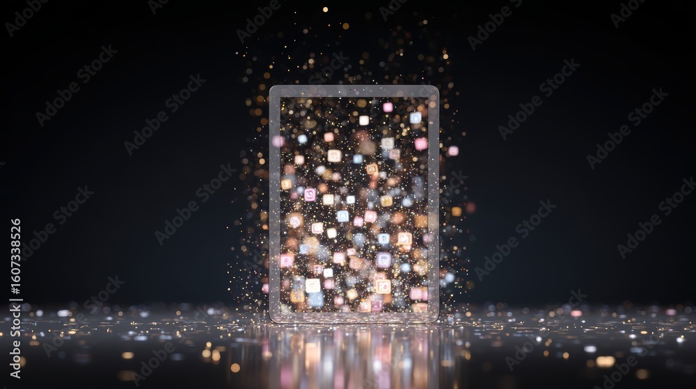Poster a digital tablet with glowing app icons floating above its screen amid sparkling particles on a dark