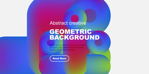 Vibrant abstract shapes dominate black background. Text promotes geometric design, includes read more button. Modern, colorful composition.