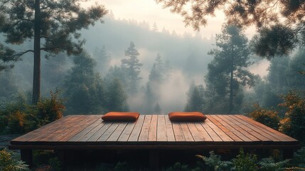 Wooden platform overlooking misty forest