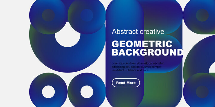 Abstract circles overlap, creating vibrant blue gradients. Text promotes geometric background design, includes call to action.
