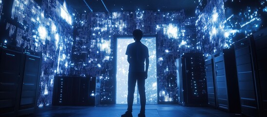 A person stands before a glowing, data-filled doorway in a server room