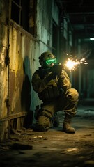 Fototapeta premium Special ops soldier breaching door in dark interior, sparks flying, wearing night gear