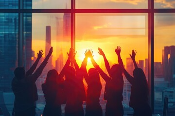 Silhouette of a group of people celebrating with hands raised at sunset through a large window