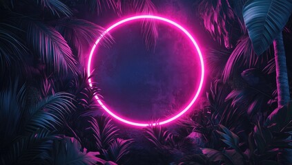 Neon pink circle framed by lush tropical foliage in a dark, misty setting