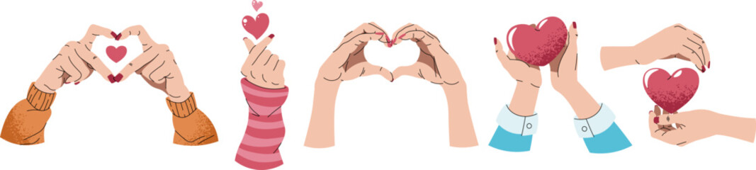 Set of hands for valentine s day in flat style. Hands showing heart, korean symbol of love. Vector female hands holding a heart