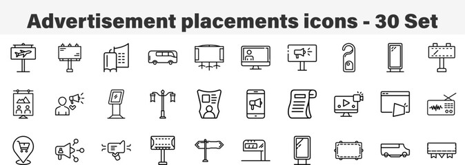 Digital Advertising and Media Placement Icon Set. Line Art 30 Set Icon Collection Vector Illustration