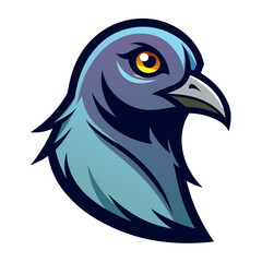 Stylized pigeon head logo with vibrant blue and purple feathers and bright orange eye