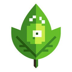 Pixelated green leaf character with a friendly face and white dots