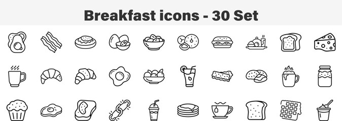 Morning Breakfast and Cafe Food Icon Bundle. Line Art 30 Set Icon Collection Vector Illustration