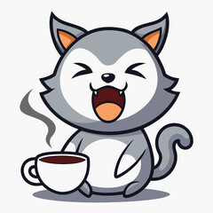 Cute cartoon wolf character happily holding a steaming cup of coffee