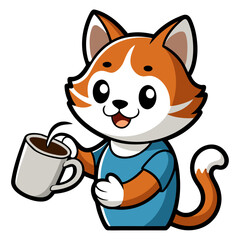 Cute cartoon cat character wearing a blue shirt holding a coffee mug