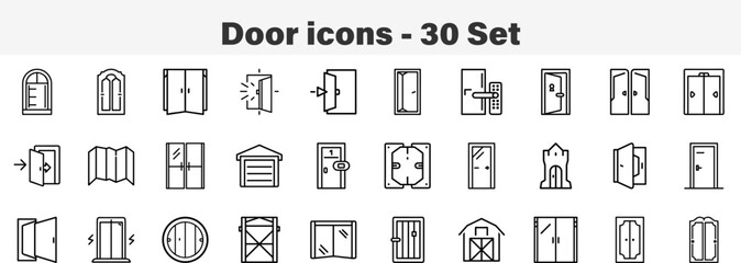 Door and Entrance Way Vector Icon Set for Architecture. Line Art 30 Set Icon Collection Vector Illustration