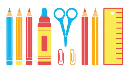 Colorful School Supplies Arranged Neatly for Back to School with Pencils Scissors and Ruler in Flat Vector Illustration