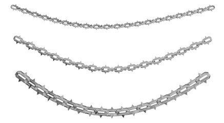 A 3D render of aggressive metal chains featuring sharp spikes integrated into geometric links. Ideal for themes of security, dark fantasy, or adding a powerful, edgy industrial element.