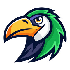 Stylized toucan bird head logo with green and purple accents